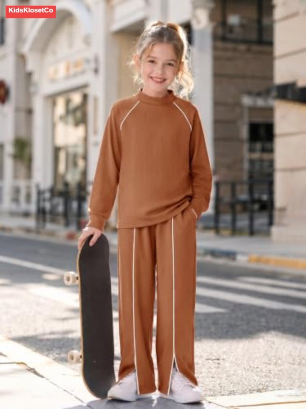 Girls 2 Piece Sweatshirt Wide Leg Pants Set Raglan Sleeve Split Hem - Picture 4 of 6